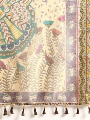 Digital Print Rapier Jequared Saree With Unstitched Blouse And Beautiful Multicoloured Thred Work At Pallu 4