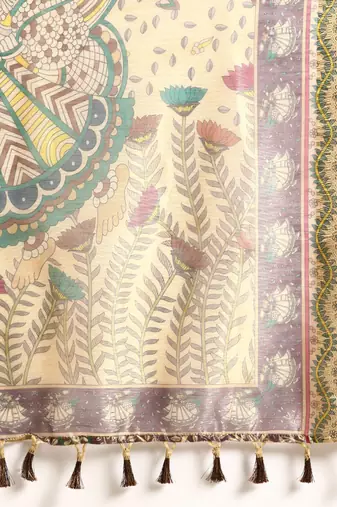 Digital Print Rapier Jequared Saree With Unstitched Blouse And Beautiful Multicoloured Thred Work At Pallu