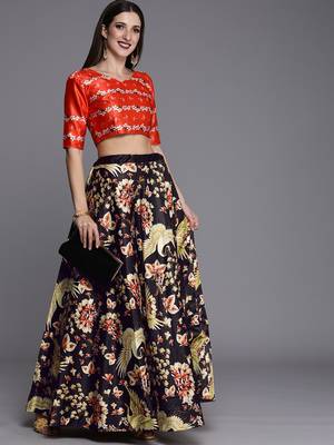 Ethnic Motifs Digital Print Shiney Satin Croptop Lehenga Choli With Unstitched Blouse For Women and Girls 1