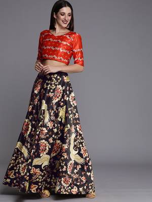Ethnic Motifs Digital Print Shiney Satin Croptop Lehenga Choli With Unstitched Blouse For Women and Girls 2