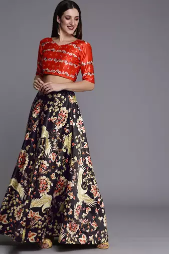 Ethnic Motifs Digital Print Shiney Satin Croptop Lehenga Choli With Unstitched Blouse For Women and Girls