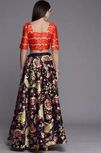 Ethnic Motifs Digital Print Shiney Satin Croptop Lehenga Choli With Unstitched Blouse For Women and Girls