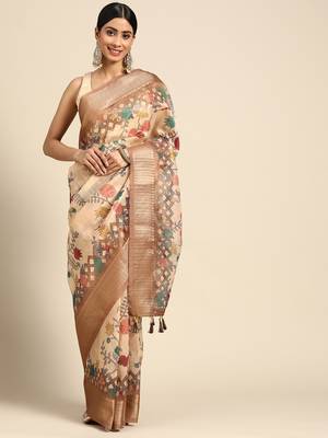 Digital Print Rapier Jequared Saree With Unstitched Blouse And Beautiful Multicoloured Thred Work At Pallu 1