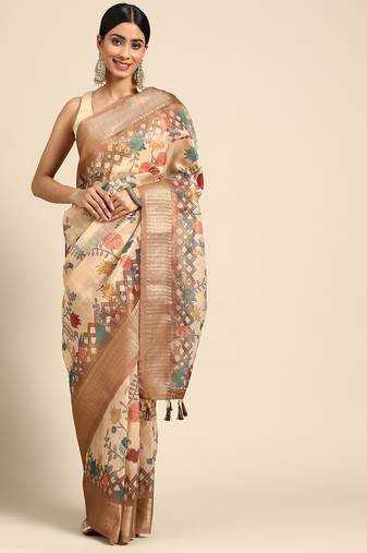 Digital Print Rapier Jequared Saree With Unstitched Blouse And Beautiful Multicoloured Thred Work At Pallu