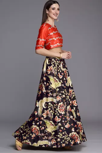 Ethnic Motifs Digital Print Shiney Satin Croptop Lehenga Choli With Unstitched Blouse For Women and Girls