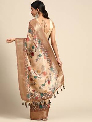 Digital Print Rapier Jequared Saree With Unstitched Blouse And Beautiful Multicoloured Thred Work At Pallu 2