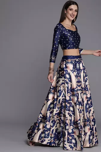 Ethnic Motifs Digital Print Shiney Satin Croptop Lehenga Choli With Unstitched Blouse For Women and Girls