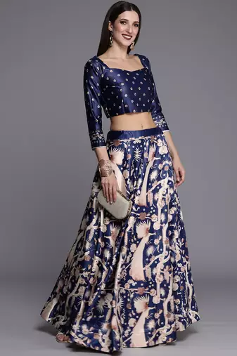 Ethnic Motifs Digital Print Shiney Satin Croptop Lehenga Choli With Unstitched Blouse For Women and Girls