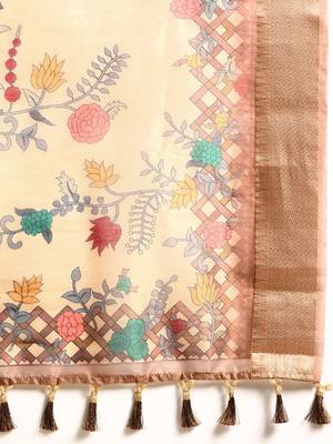 Digital Print Rapier Jequared Saree With Unstitched Blouse And Beautiful Multicoloured Thred Work At Pallu 4