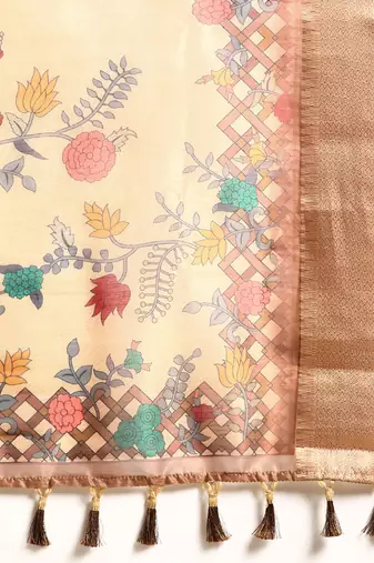 Digital Print Rapier Jequared Saree With Unstitched Blouse And Beautiful Multicoloured Thred Work At Pallu
