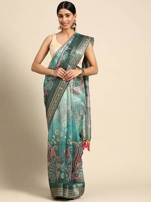 Digital Print Rapier Jequared Saree With Unstitched Blouse And Beautiful Multicoloured Thred Work At Pallu 1
