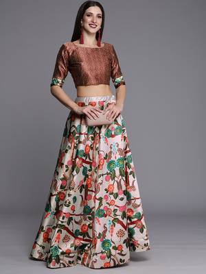 Ethnic Motifs Digital Print Shiney Satin Croptop Lehenga Choli With Unstitched Blouse For Women and Girls 1