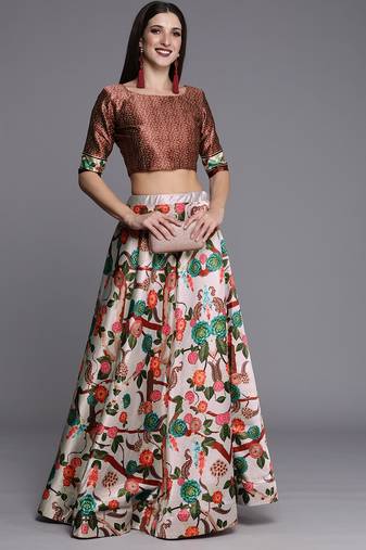 Ethnic Motifs Digital Print Shiney Satin Croptop Lehenga Choli With Unstitched Blouse For Women and Girls