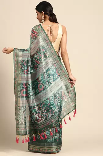 Digital Print Rapier Jequared Saree With Unstitched Blouse And Beautiful Multicoloured Thred Work At Pallu