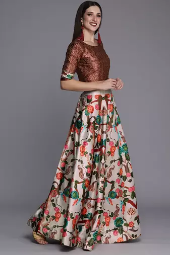 Ethnic Motifs Digital Print Shiney Satin Croptop Lehenga Choli With Unstitched Blouse For Women and Girls