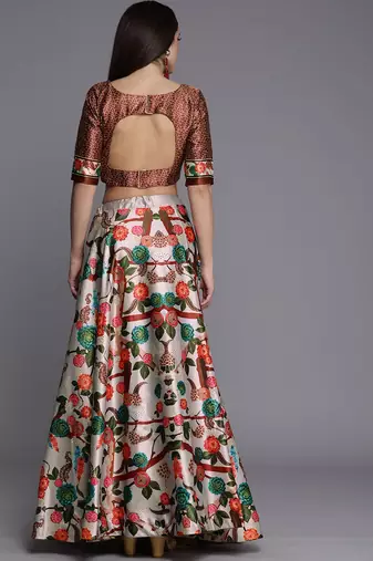 Ethnic Motifs Digital Print Shiney Satin Croptop Lehenga Choli With Unstitched Blouse For Women and Girls