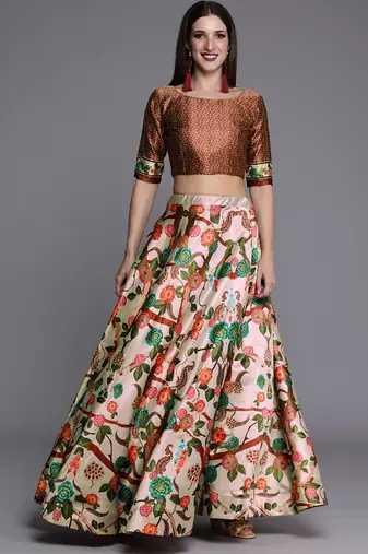 Ethnic Motifs Digital Print Shiney Satin Croptop Lehenga Choli With Unstitched Blouse For Women and Girls
