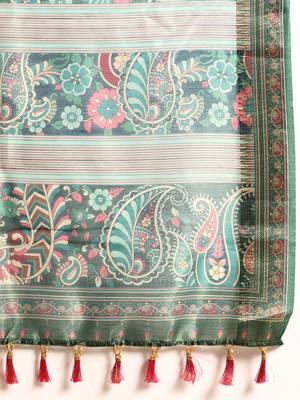 Digital Print Rapier Jequared Saree With Unstitched Blouse And Beautiful Multicoloured Thred Work At Pallu 4