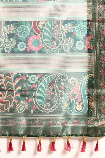 Digital Print Rapier Jequared Saree With Unstitched Blouse And Beautiful Multicoloured Thred Work At Pallu