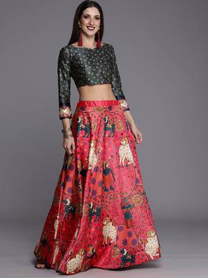 Ethnic Motifs Digital Print Shiney Satin Croptop Lehenga Choli With Unstitched Blouse For Women and Girls 1