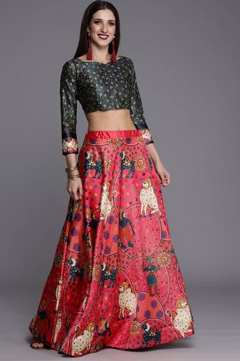 Ethnic Motifs Digital Print Shiney Satin Croptop Lehenga Choli With Unstitched Blouse For Women and Girls