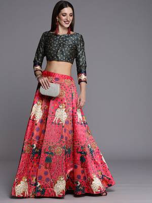 Ethnic Motifs Digital Print Shiney Satin Croptop Lehenga Choli With Unstitched Blouse For Women and Girls 2