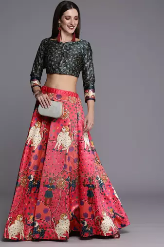 Ethnic Motifs Digital Print Shiney Satin Croptop Lehenga Choli With Unstitched Blouse For Women and Girls