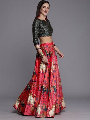Ethnic Motifs Digital Print Shiney Satin Croptop Lehenga Choli With Unstitched Blouse For Women and Girls 3