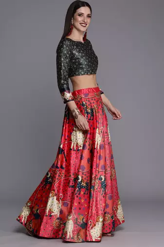 Ethnic Motifs Digital Print Shiney Satin Croptop Lehenga Choli With Unstitched Blouse For Women and Girls