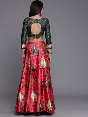 Ethnic Motifs Digital Print Shiney Satin Croptop Lehenga Choli With Unstitched Blouse For Women and Girls 4
