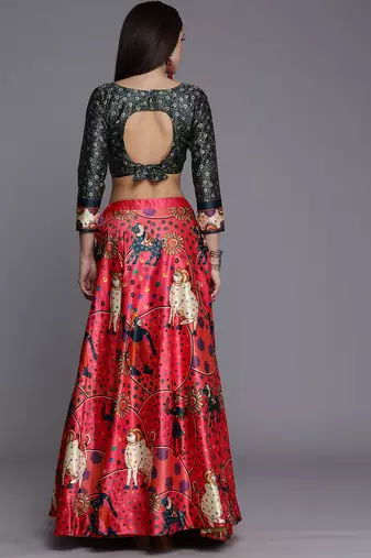 Ethnic Motifs Digital Print Shiney Satin Croptop Lehenga Choli With Unstitched Blouse For Women and Girls