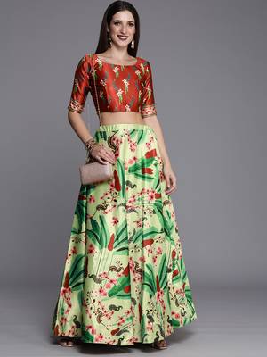 Ethnic Motifs Digital Print Shiney Satin Croptop Lehenga Choli With Unstitched Blouse For Women and Girls 1