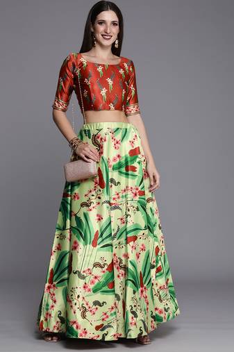 Ethnic Motifs Digital Print Shiney Satin Croptop Lehenga Choli With Unstitched Blouse For Women and Girls