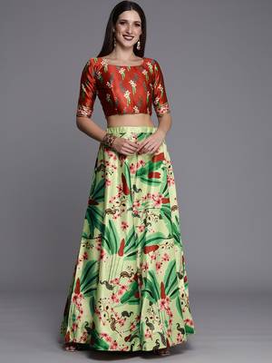 Ethnic Motifs Digital Print Shiney Satin Croptop Lehenga Choli With Unstitched Blouse For Women and Girls 2