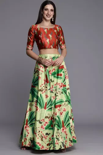 Ethnic Motifs Digital Print Shiney Satin Croptop Lehenga Choli With Unstitched Blouse For Women and Girls