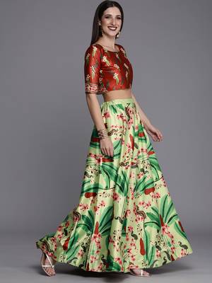 Ethnic Motifs Digital Print Shiney Satin Croptop Lehenga Choli With Unstitched Blouse For Women and Girls 3