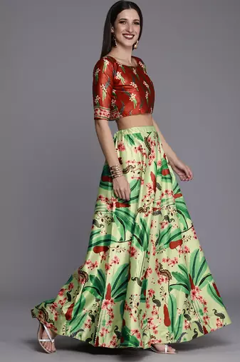 Ethnic Motifs Digital Print Shiney Satin Croptop Lehenga Choli With Unstitched Blouse For Women and Girls