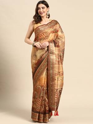Digital Print Rapier Jequared Saree With Unstitched Blouse And Beautiful Multicoloured Thred Work At Pallu 1