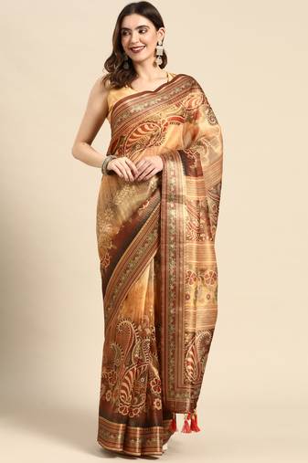 Digital Print Rapier Jequared Saree With Unstitched Blouse And Beautiful Multicoloured Thred Work At Pallu