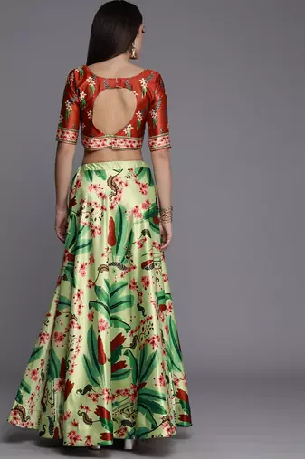 Ethnic Motifs Digital Print Shiney Satin Croptop Lehenga Choli With Unstitched Blouse For Women and Girls