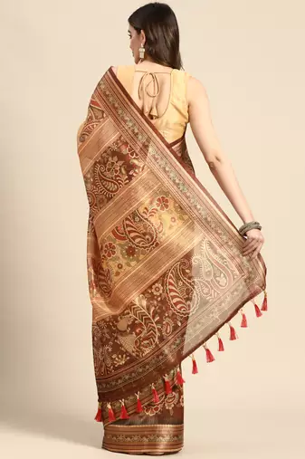 Digital Print Rapier Jequared Saree With Unstitched Blouse And Beautiful Multicoloured Thred Work At Pallu