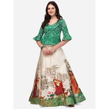 Ethnic Motifs Digital Print Shiney Satin Croptop Lehenga Choli With Unstitched Blouse For Women and Girls 1