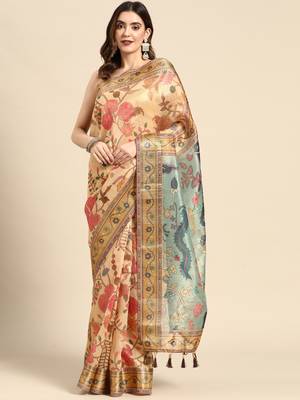 Digital Print Rapier Jequared Saree With Unstitched Blouse And Beautiful Multicoloured Thred Work At Pallu 1