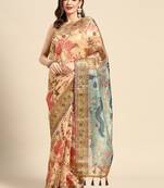 Digital Print Rapier Jequared Saree With Unstitched Blouse And Beautiful Multicoloured Thred Work At Pallu