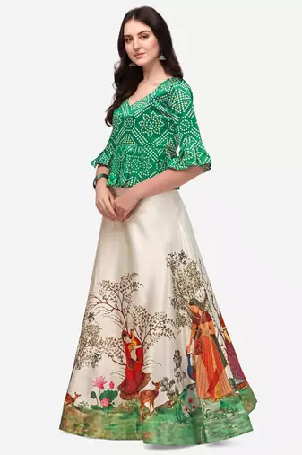 Ethnic Motifs Digital Print Shiney Satin Croptop Lehenga Choli With Unstitched Blouse For Women and Girls