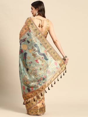 Digital Print Rapier Jequared Saree With Unstitched Blouse And Beautiful Multicoloured Thred Work At Pallu 2