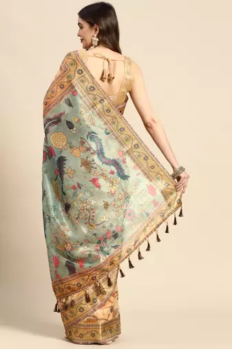 Digital Print Rapier Jequared Saree With Unstitched Blouse And Beautiful Multicoloured Thred Work At Pallu