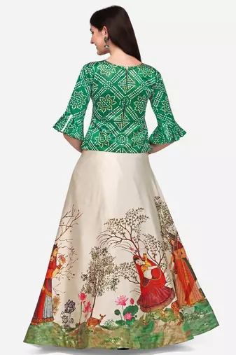Ethnic Motifs Digital Print Shiney Satin Croptop Lehenga Choli With Unstitched Blouse For Women and Girls