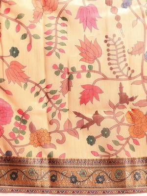 Digital Print Rapier Jequared Saree With Unstitched Blouse And Beautiful Multicoloured Thred Work At Pallu 3