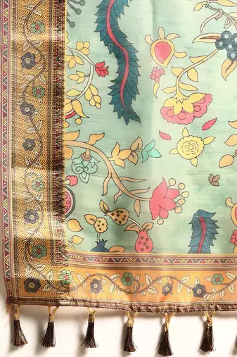 Digital Print Rapier Jequared Saree With Unstitched Blouse And Beautiful Multicoloured Thred Work At Pallu